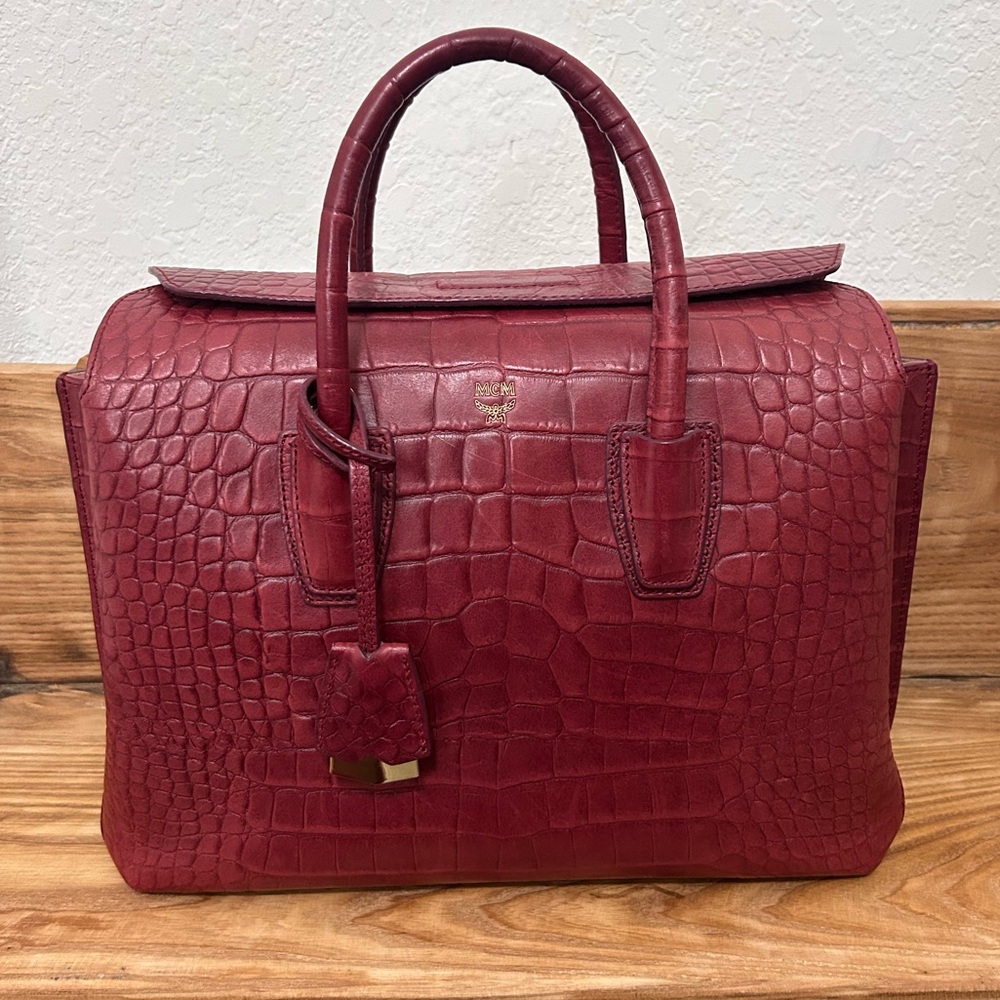 MCM Red Crocodile Embossed Leather Bag